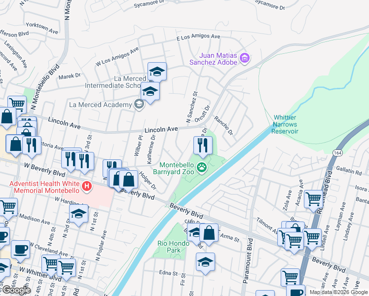 map of restaurants, bars, coffee shops, grocery stores, and more near 404 North Raywood Avenue in Montebello