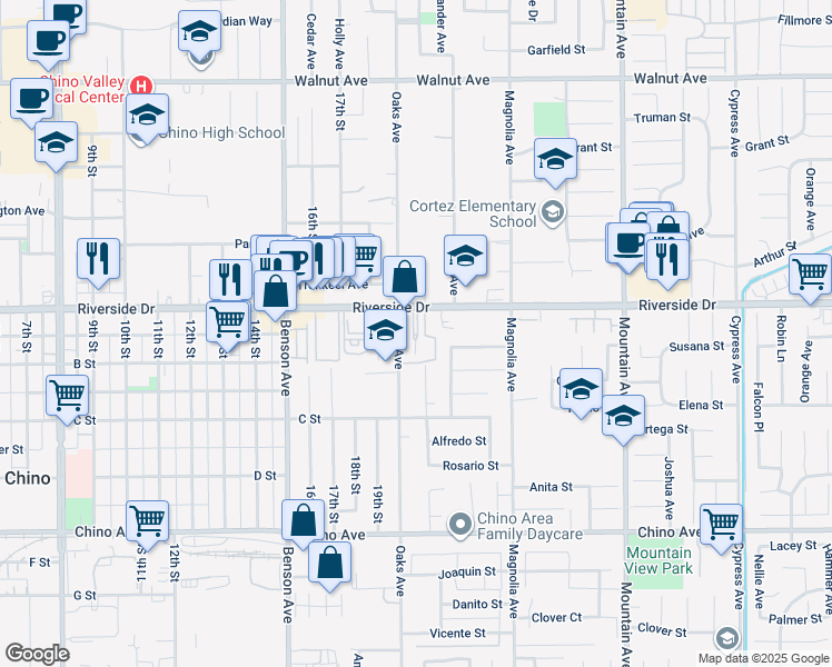 map of restaurants, bars, coffee shops, grocery stores, and more near 5925 Riverside Drive in Chino