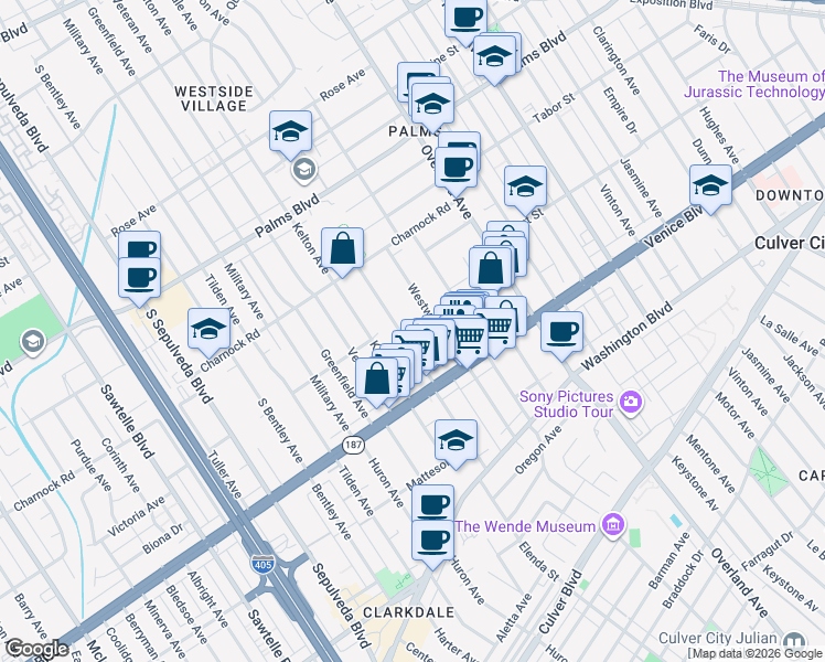 map of restaurants, bars, coffee shops, grocery stores, and more near 3720 Midvale Avenue in Los Angeles