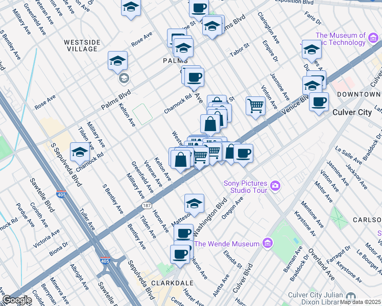 map of restaurants, bars, coffee shops, grocery stores, and more near 3740 Westwood Boulevard in Los Angeles