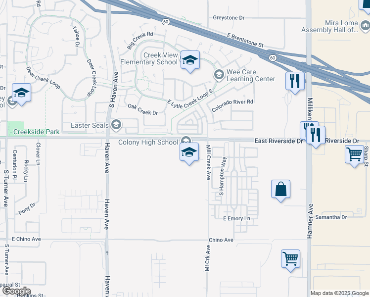 map of restaurants, bars, coffee shops, grocery stores, and more near 3850 East Riverside Drive in Ontario