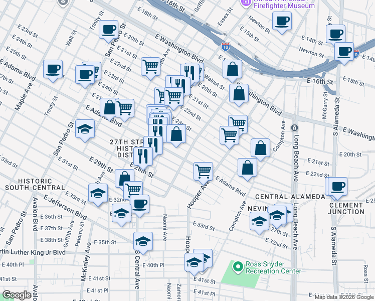 map of restaurants, bars, coffee shops, grocery stores, and more near 2509 Naomi Avenue in Los Angeles