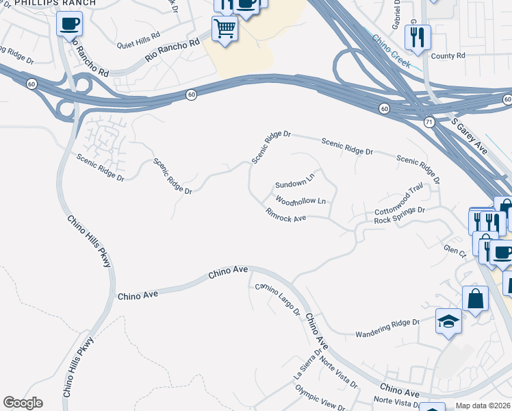 map of restaurants, bars, coffee shops, grocery stores, and more near 12980 Rimrock Avenue in Chino Hills