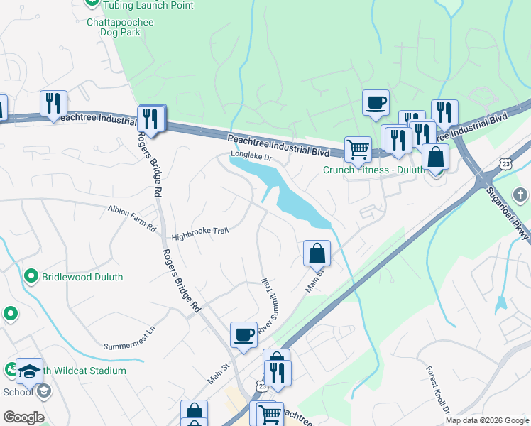 map of restaurants, bars, coffee shops, grocery stores, and more near 3155 River Summit Trail in Duluth
