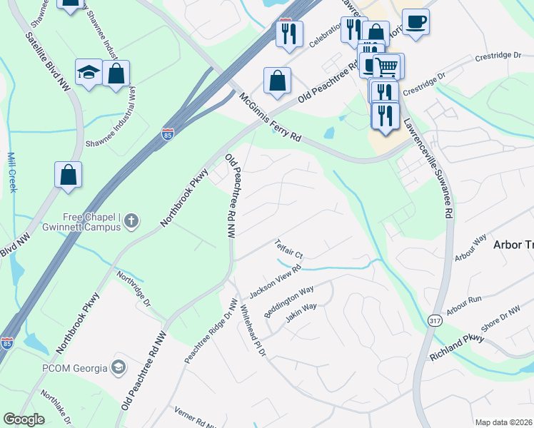 map of restaurants, bars, coffee shops, grocery stores, and more near 2842 Manor Glen Lane Northwest in Suwanee