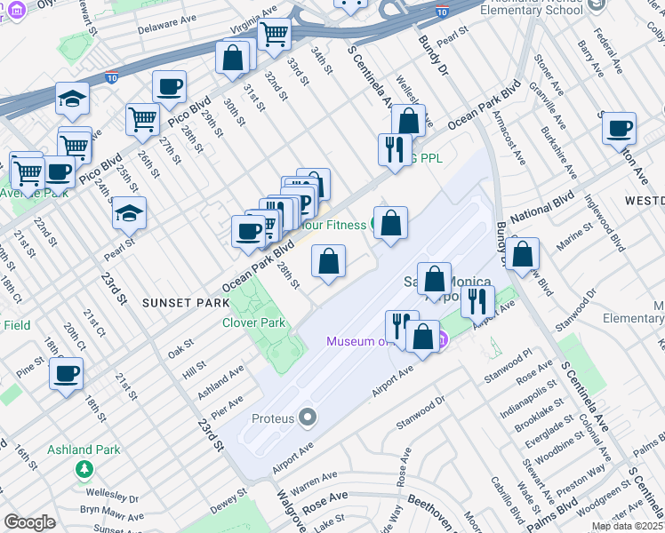 map of restaurants, bars, coffee shops, grocery stores, and more near 3010 Ocean Park Boulevard in Santa Monica