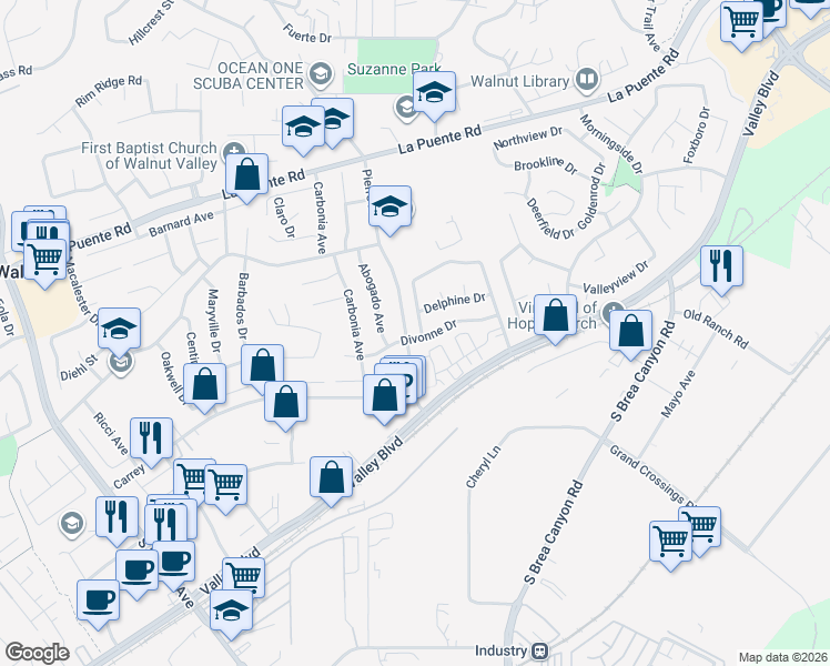 map of restaurants, bars, coffee shops, grocery stores, and more near 221 Aborla Lane in Walnut