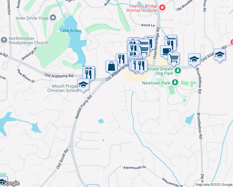 map of restaurants, bars, coffee shops, grocery stores, and more near 2910 Leeds Garden Lane in Alpharetta