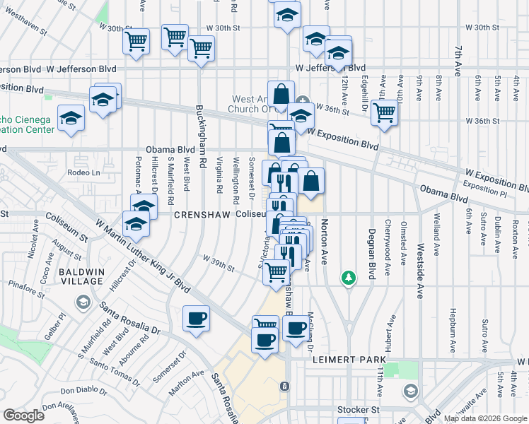 map of restaurants, bars, coffee shops, grocery stores, and more near 3747 South Victoria Avenue in Los Angeles