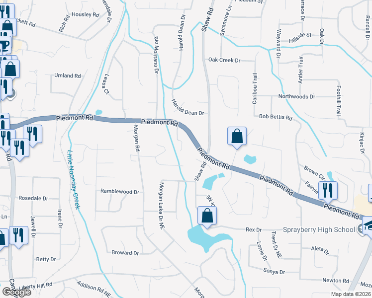 map of restaurants, bars, coffee shops, grocery stores, and more near 2846 Piedmont Enclave Court in Marietta