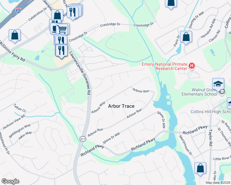 map of restaurants, bars, coffee shops, grocery stores, and more near 307 Arbour Way in Suwanee