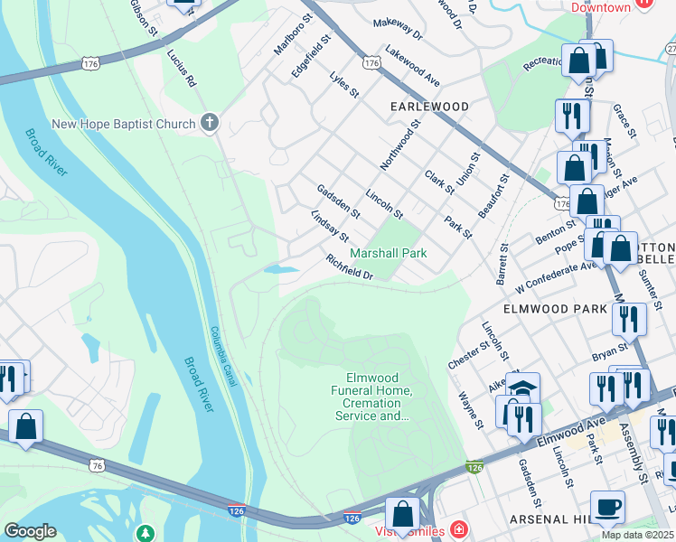 map of restaurants, bars, coffee shops, grocery stores, and more near 3005 Richfield Drive in Columbia