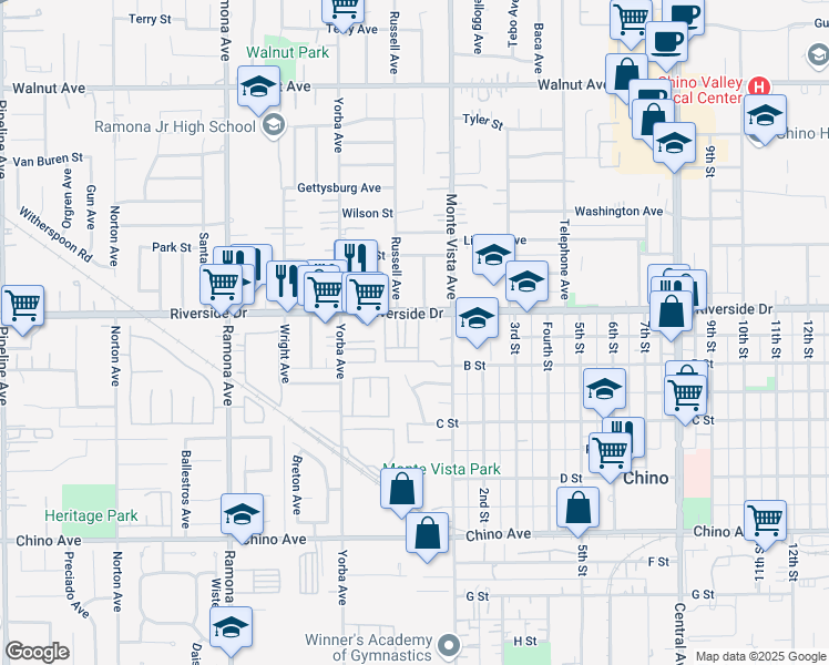 map of restaurants, bars, coffee shops, grocery stores, and more near 12929 Saddleback Place in Chino