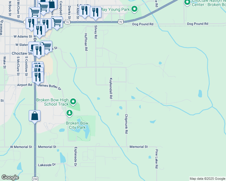 map of restaurants, bars, coffee shops, grocery stores, and more near 109 Burke Street in Broken Bow