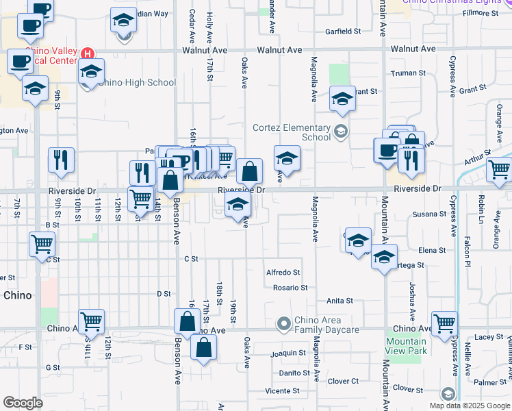 map of restaurants, bars, coffee shops, grocery stores, and more near 5925 Riverside Drive in Chino