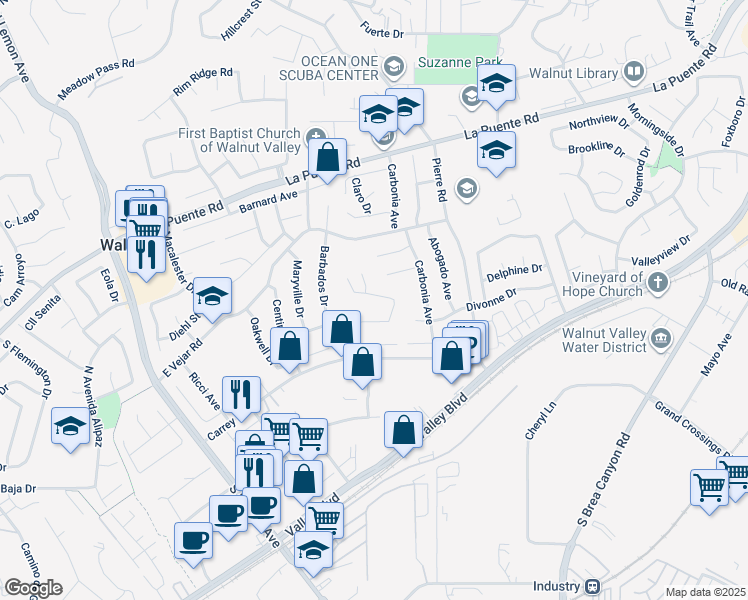 map of restaurants, bars, coffee shops, grocery stores, and more near 281 Amberwood Drive in Walnut
