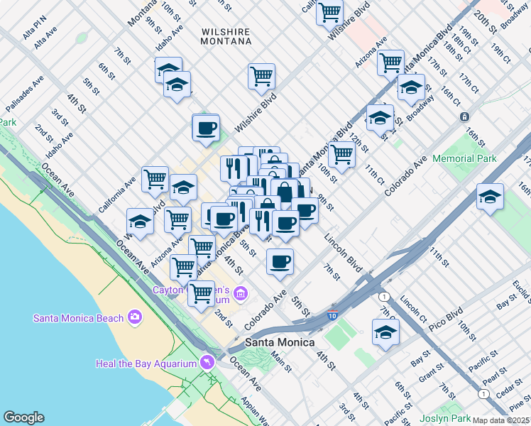 map of restaurants, bars, coffee shops, grocery stores, and more near 620 West Historic Route 66 in Santa Monica