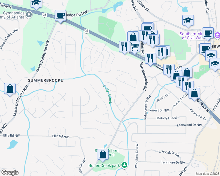 map of restaurants, bars, coffee shops, grocery stores, and more near 7020 Wellcrest Way in Kennesaw