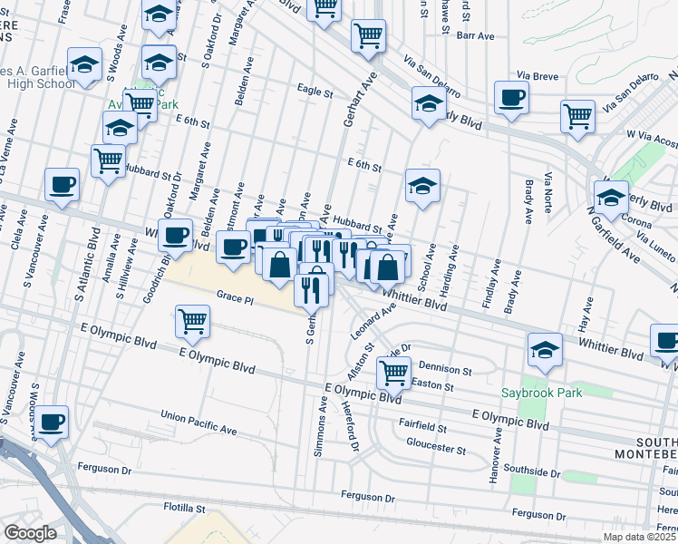 map of restaurants, bars, coffee shops, grocery stores, and more near 5811 Whittier Boulevard in East Los Angeles