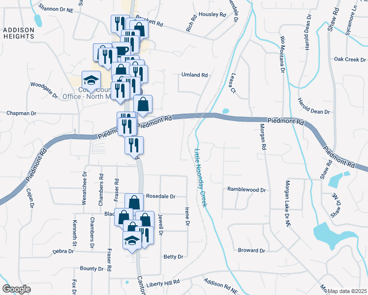 map of restaurants, bars, coffee shops, grocery stores, and more near 2814 New South Drive in Marietta