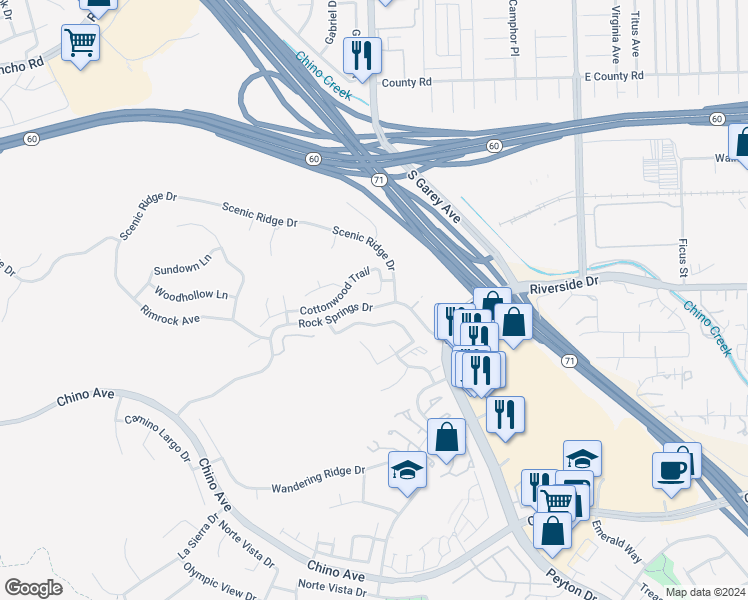 map of restaurants, bars, coffee shops, grocery stores, and more near 12951 Saratoga Place in Chino Hills