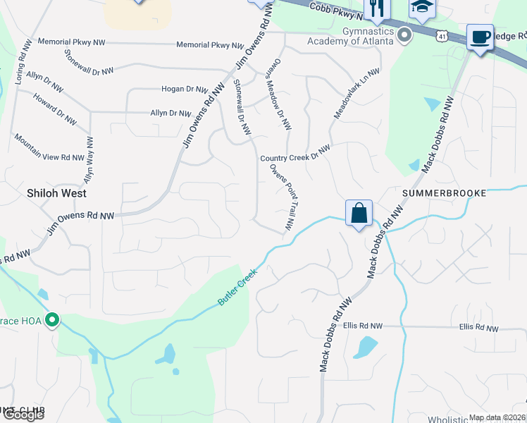map of restaurants, bars, coffee shops, grocery stores, and more near 3227 Stonewall Drive Northwest in Kennesaw
