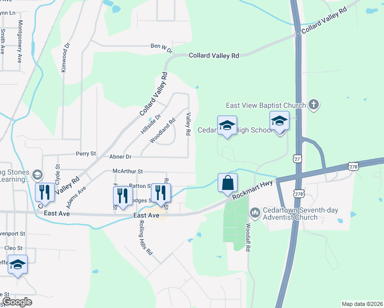map of restaurants, bars, coffee shops, grocery stores, and more near 606 Valley Road in Cedartown