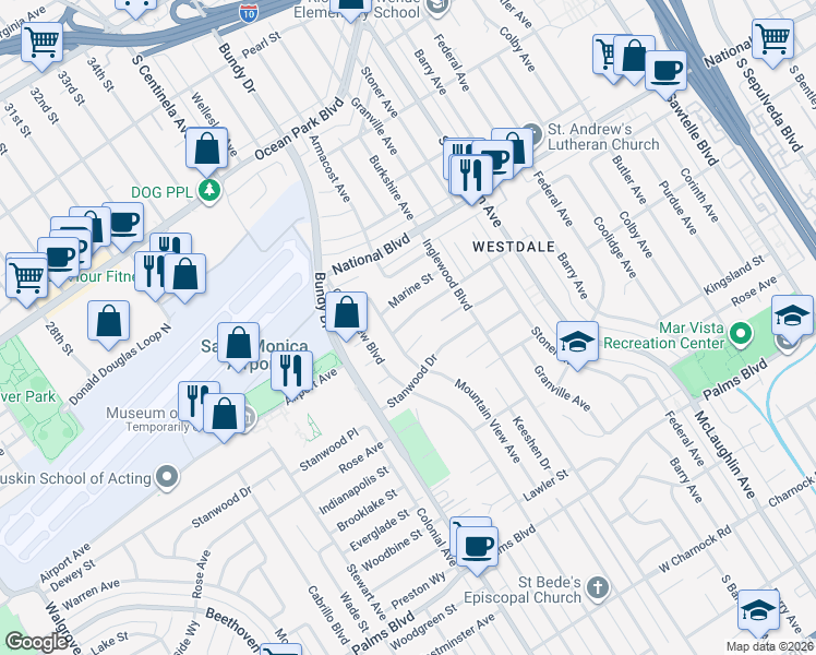 map of restaurants, bars, coffee shops, grocery stores, and more near 12118 Navy Street in Los Angeles