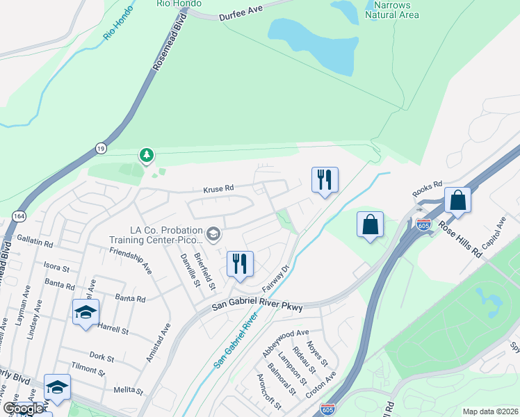 map of restaurants, bars, coffee shops, grocery stores, and more near 3403 Chapelle Avenue in Pico Rivera