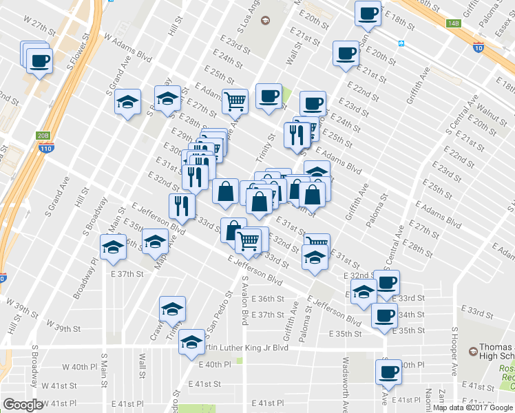 map of restaurants, bars, coffee shops, grocery stores, and more near 533 East 31st Street in Los Angeles