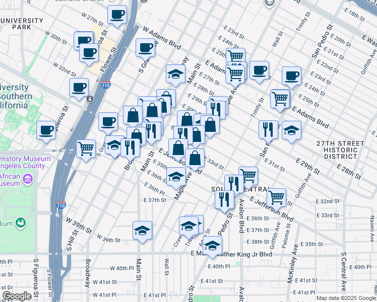 map of restaurants, bars, coffee shops, grocery stores, and more near 157 East Jefferson Boulevard in Los Angeles