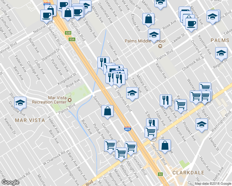map of restaurants, bars, coffee shops, grocery stores, and more near 3523 South Sepulveda Boulevard in Los Angeles