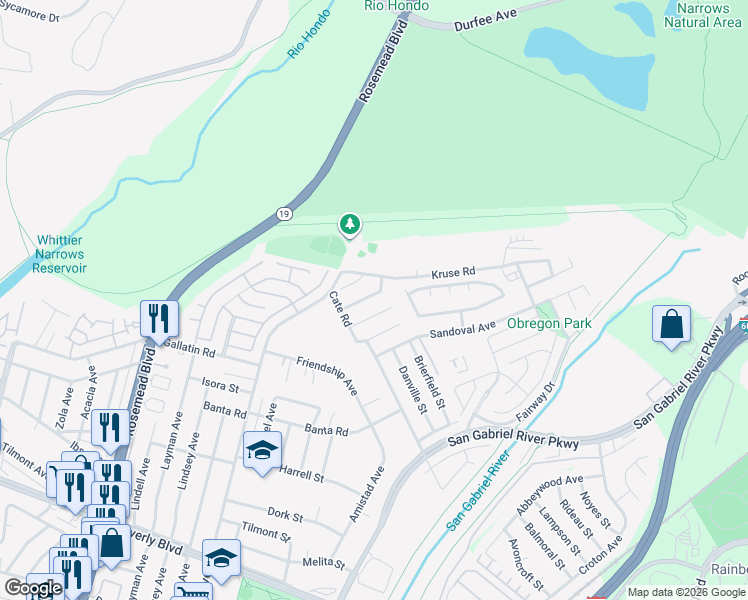 map of restaurants, bars, coffee shops, grocery stores, and more near 3632 Gangel Avenue in Pico Rivera