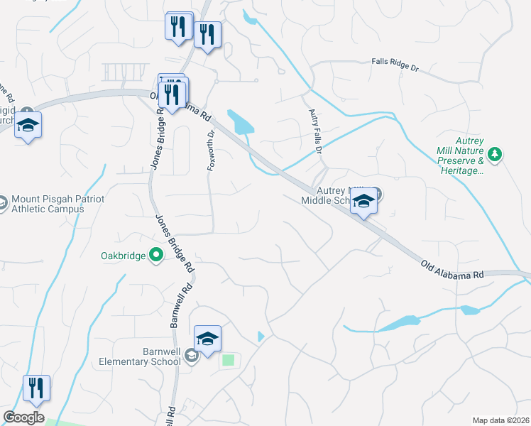 map of restaurants, bars, coffee shops, grocery stores, and more near 3875 Redcoat Way in Alpharetta