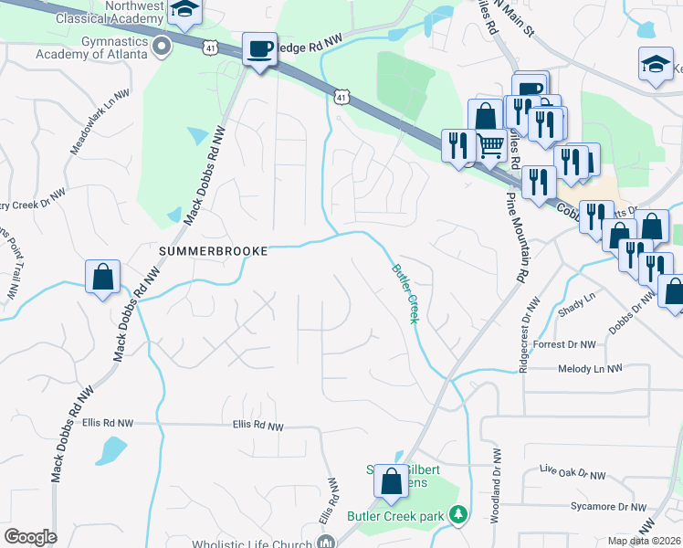 map of restaurants, bars, coffee shops, grocery stores, and more near 2676 Catawba Drive Northwest in Kennesaw