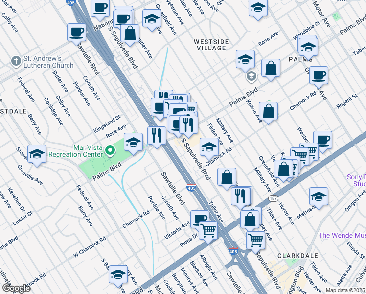 map of restaurants, bars, coffee shops, grocery stores, and more near 3517 South Sepulveda Boulevard in Los Angeles