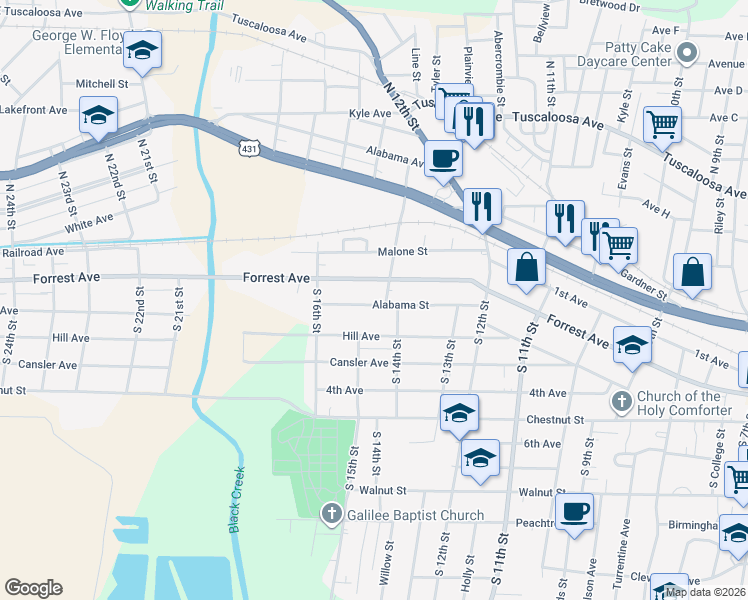 map of restaurants, bars, coffee shops, grocery stores, and more near 1429 Alabama Street in Gadsden
