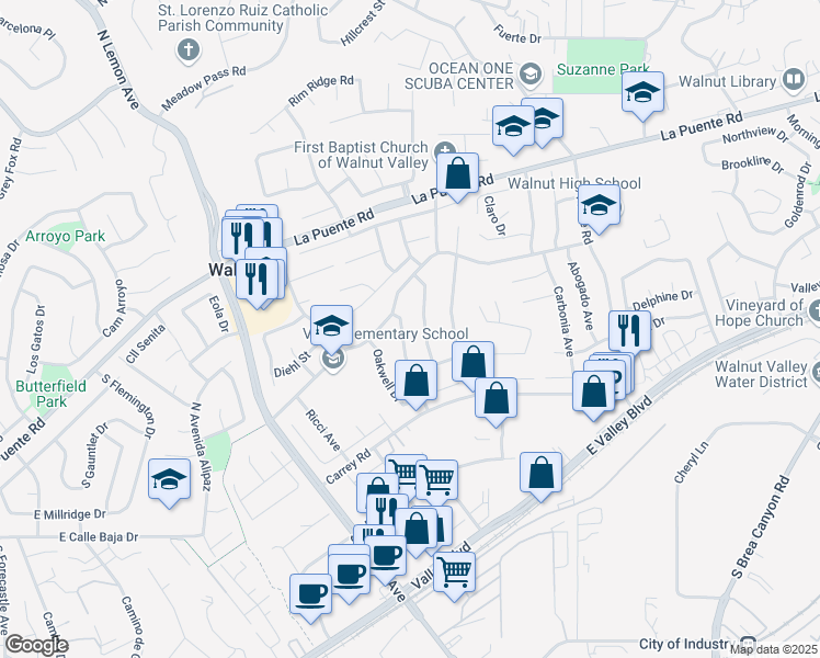 map of restaurants, bars, coffee shops, grocery stores, and more near 248 Centinary Drive in Walnut