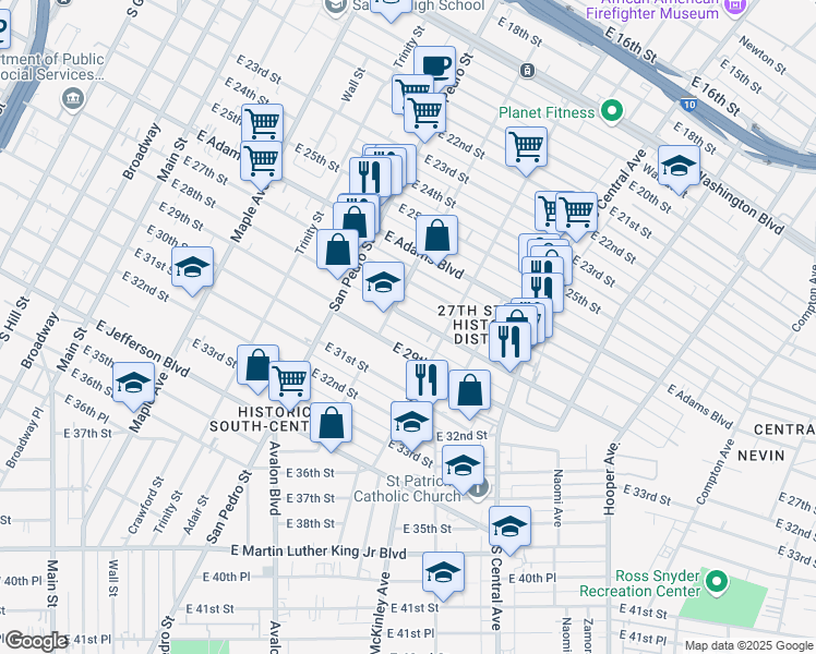 map of restaurants, bars, coffee shops, grocery stores, and more near 824 East 28th Street in Los Angeles