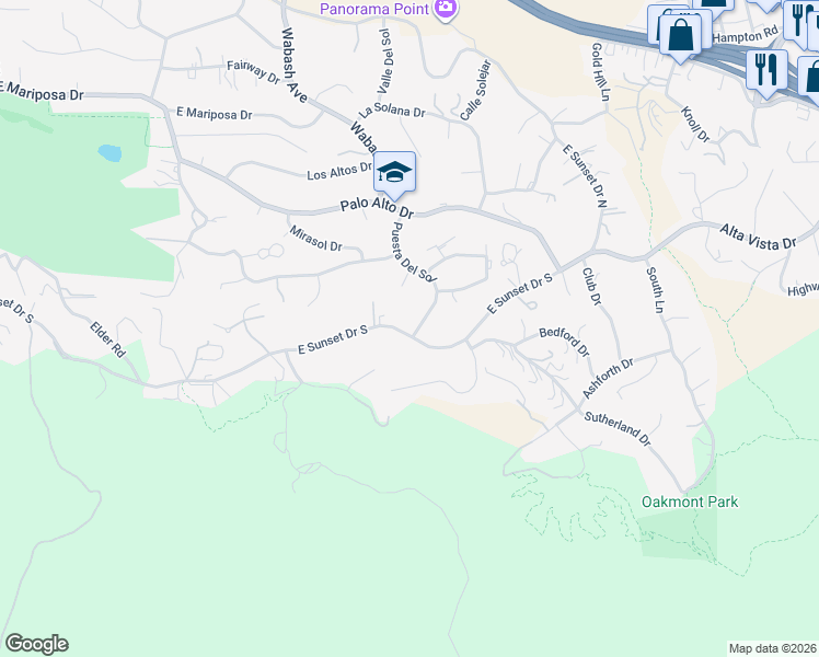 map of restaurants, bars, coffee shops, grocery stores, and more near 30746 East Sunset Drive South in Redlands