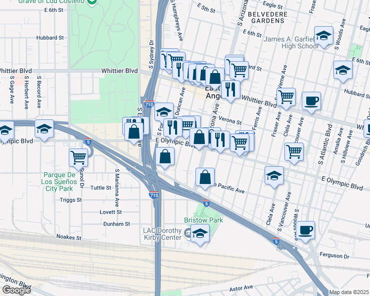 map of restaurants, bars, coffee shops, grocery stores, and more near 4640 E Olympic Blvd in Los Angeles