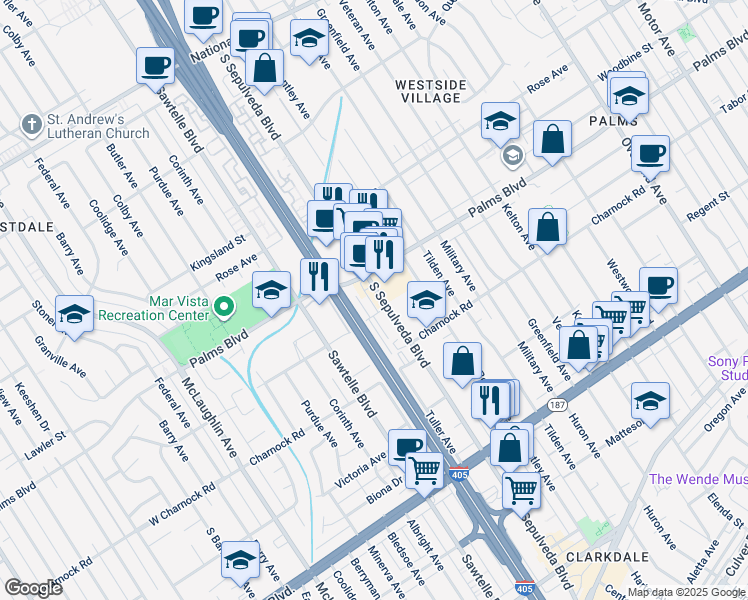map of restaurants, bars, coffee shops, grocery stores, and more near 3523 South Sepulveda Boulevard in Los Angeles