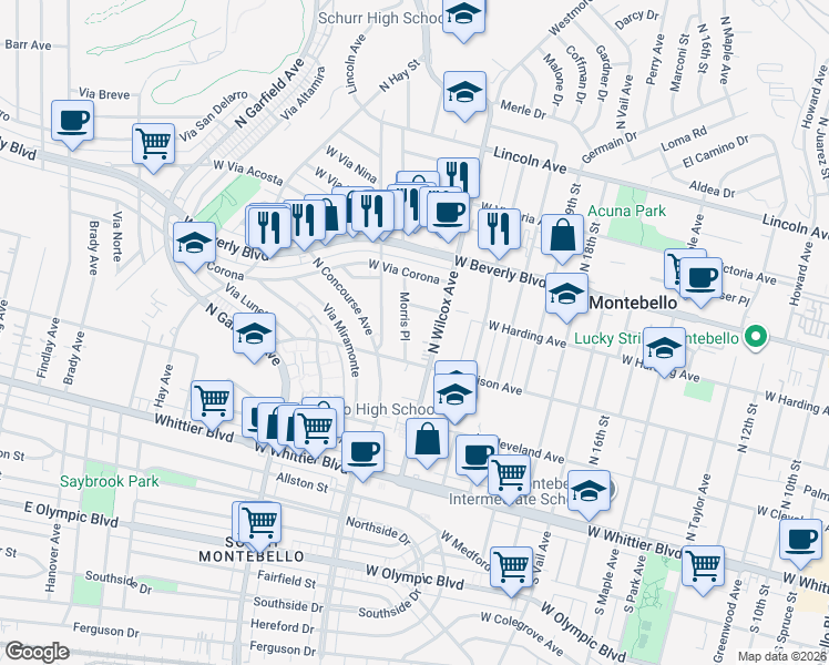 map of restaurants, bars, coffee shops, grocery stores, and more near 324 Morris Place in Montebello