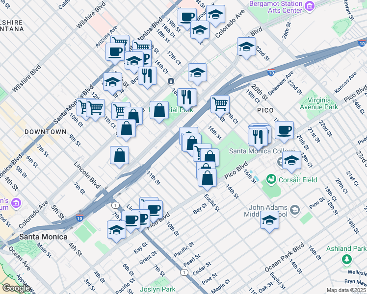 map of restaurants, bars, coffee shops, grocery stores, and more near in Santa Monica