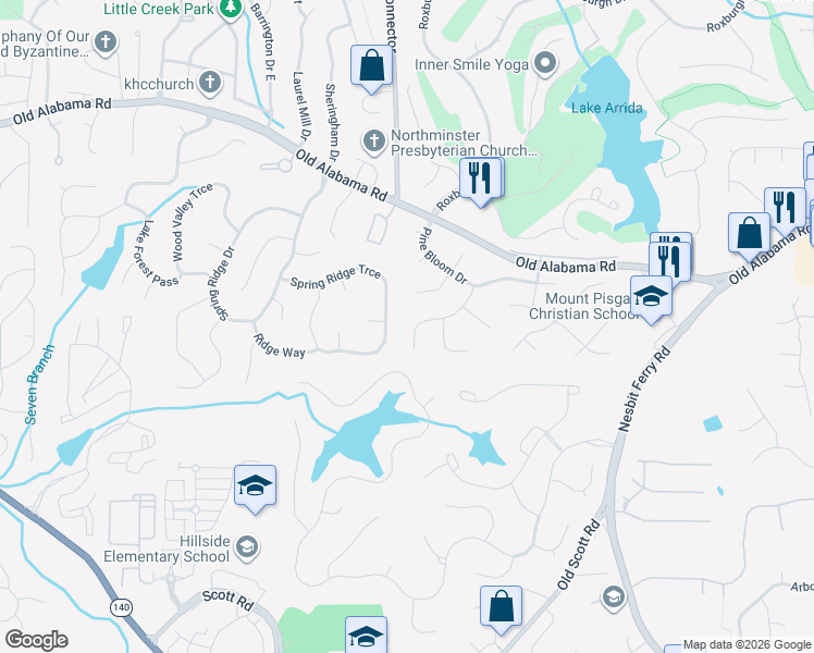 map of restaurants, bars, coffee shops, grocery stores, and more near 2100 Pearwood Path in Roswell