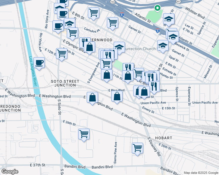 map of restaurants, bars, coffee shops, grocery stores, and more near 3141 E 12th St in Los Angeles