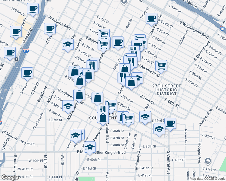 map of restaurants, bars, coffee shops, grocery stores, and more near 533 East 31st Street in Los Angeles
