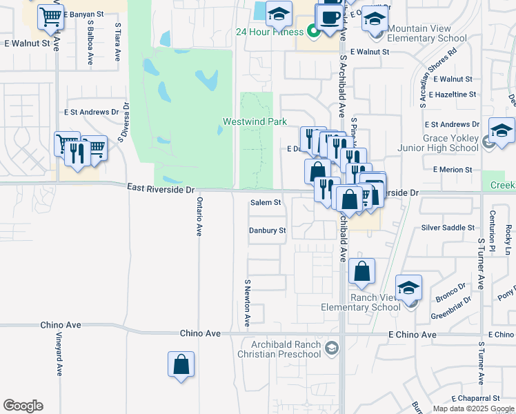 map of restaurants, bars, coffee shops, grocery stores, and more near 2452 Salem Street in Ontario