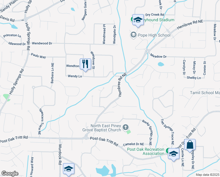 map of restaurants, bars, coffee shops, grocery stores, and more near 3283 Timber Bluff Dr NE in Marietta