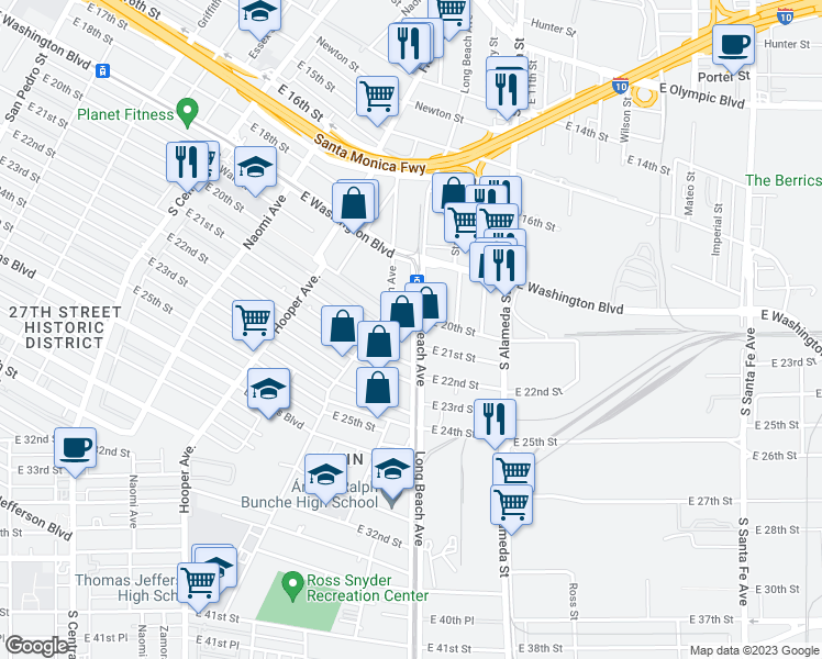 map of restaurants, bars, coffee shops, grocery stores, and more near 2027 Long Beach Avenue in Los Angeles